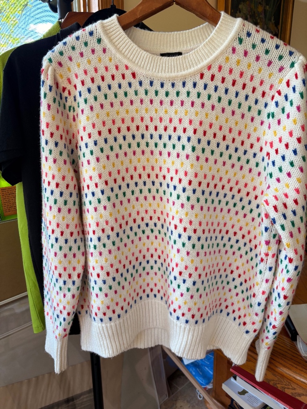 Talbots Rainbow Multicolor Birdseye Puff Sleeve White Cotton Blend XL Sweater